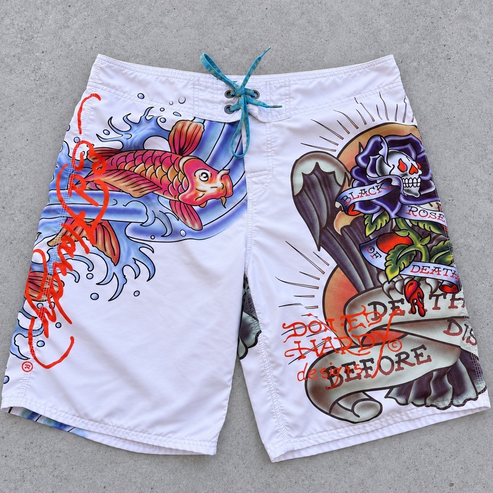 Ed Hardy Mens Tattoo Graphic Board Shorts White Size 36 Koi Eagle Skull Y2K